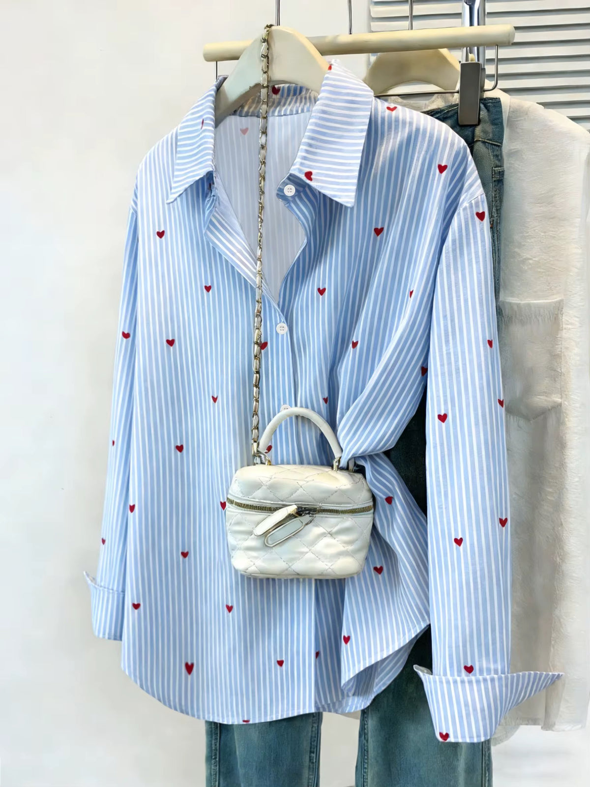 Shirt: Collar & Cuffs Buttons - Striped Hearts - Antique Rose