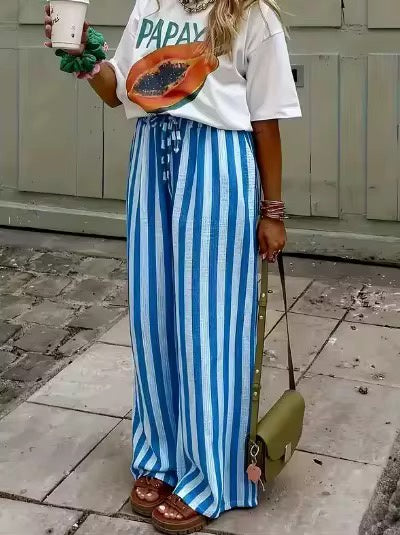 Trousers: Silky Wide Stripe Relaxed Fit Drawstring - Blue - Antique Rose