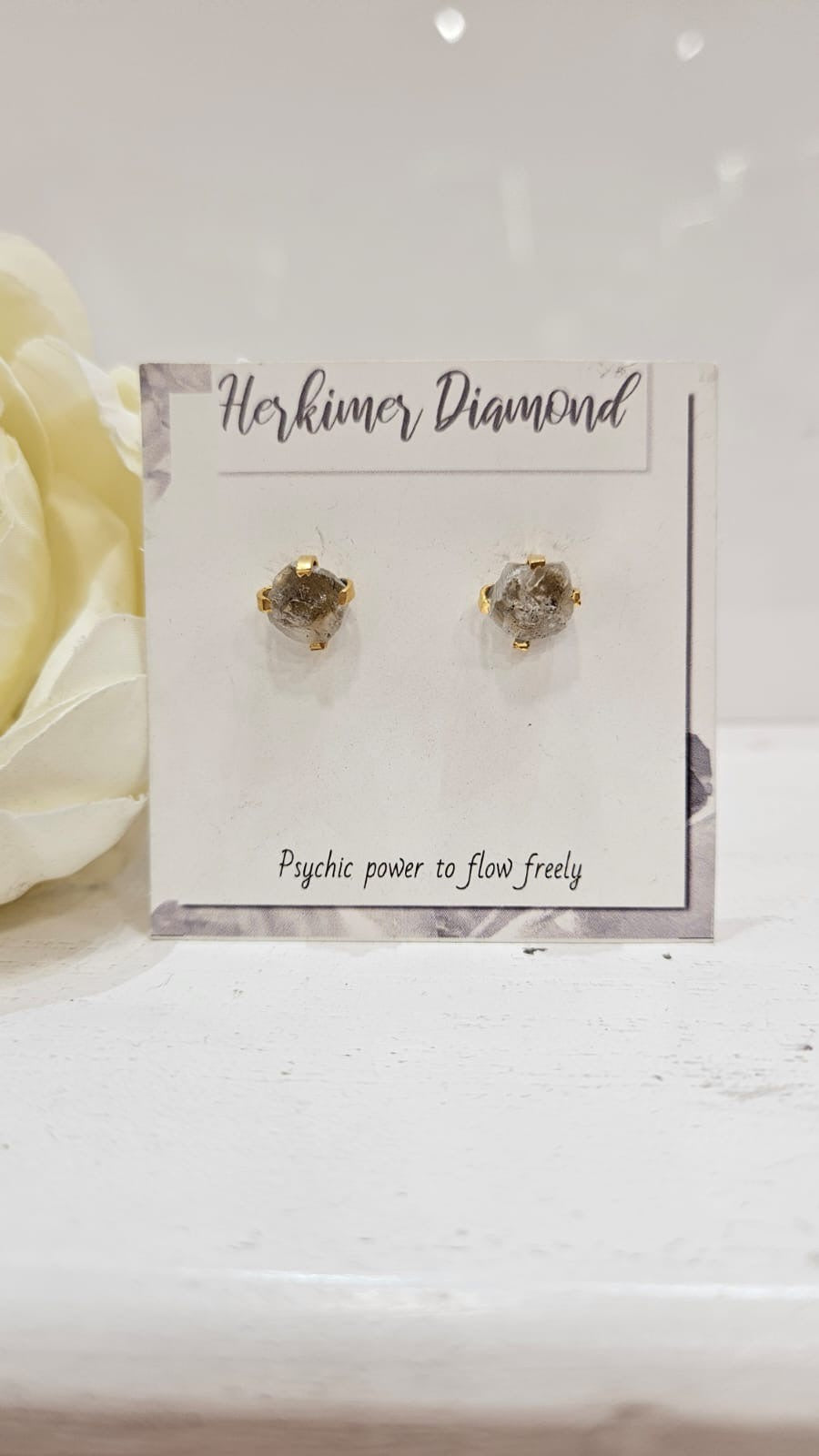 Earrings: Stud Rough Cut Small Spiritual Crystal Herkimer Diamond - Grey - Gold Plated