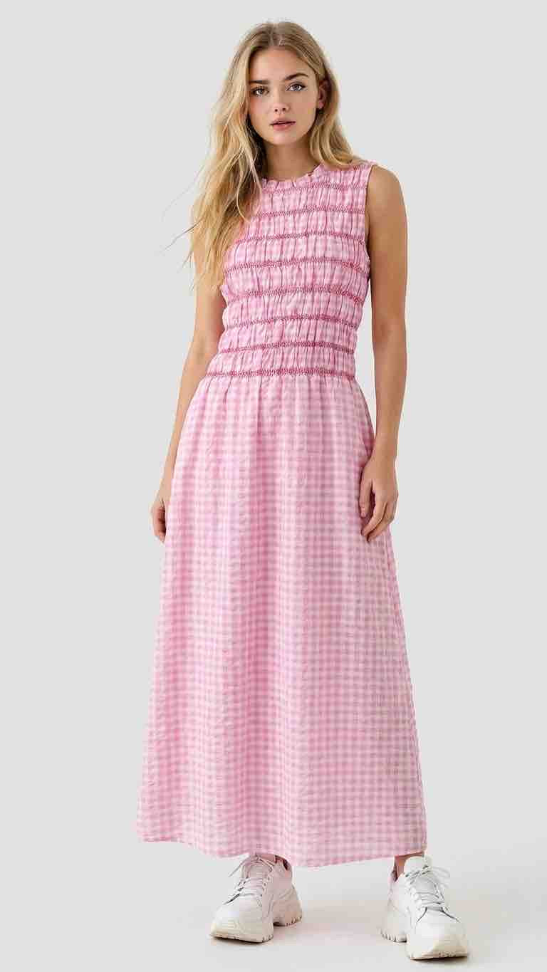 Dress: Cotton Mix Short Sleeve Gingham Shirred Bodice Maxi - One Size - Luxtyle