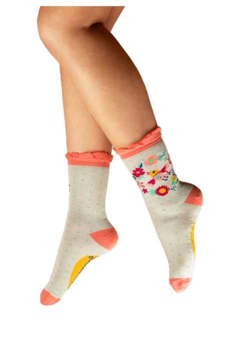 Socks: Ankle Bamboo Floral Bird Design - Cream - FASHION - Powder Designs Ltd