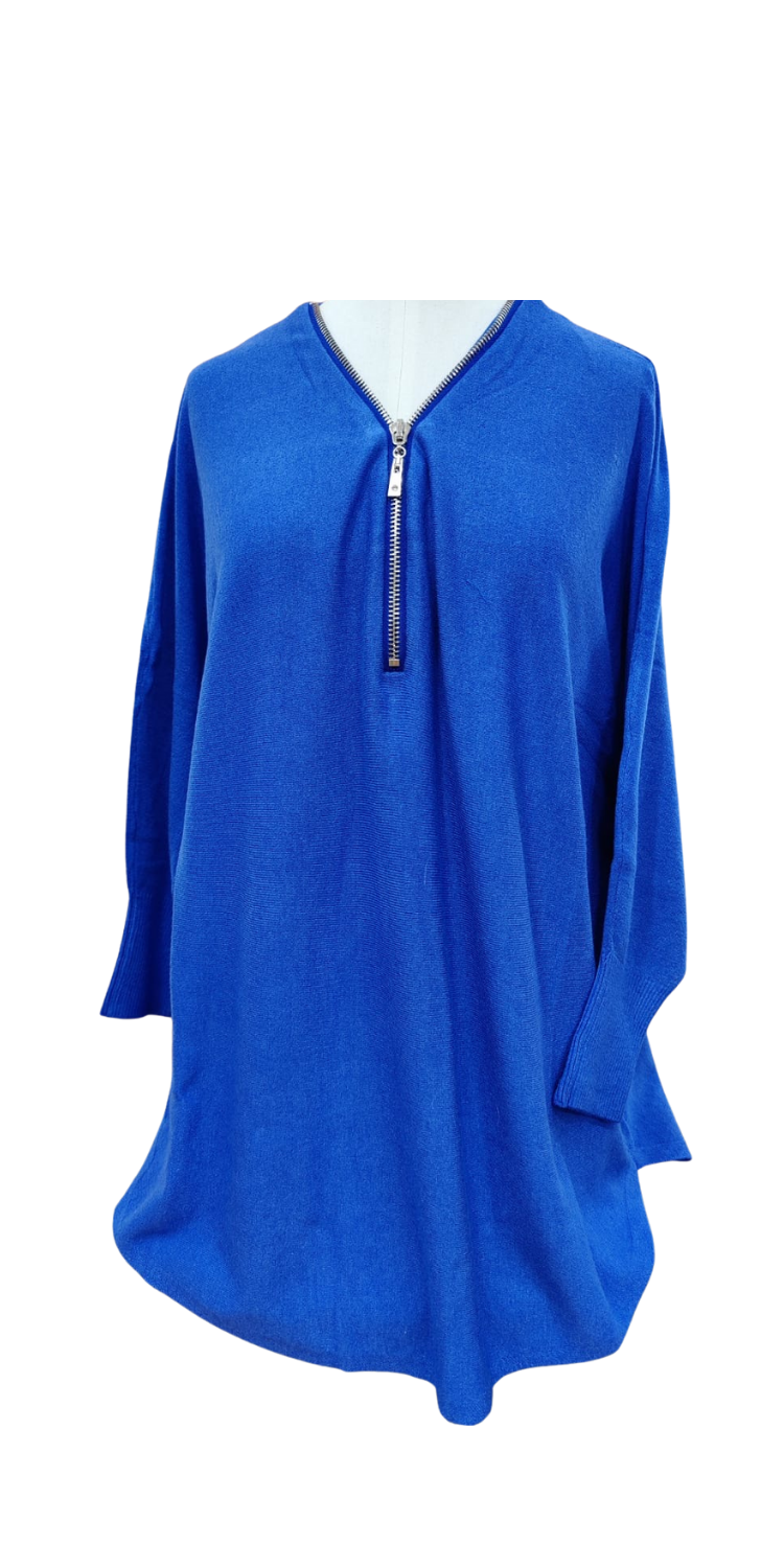 Top: Fine Knit V Neck Long Sleeve Zip Detail - One Size Italian