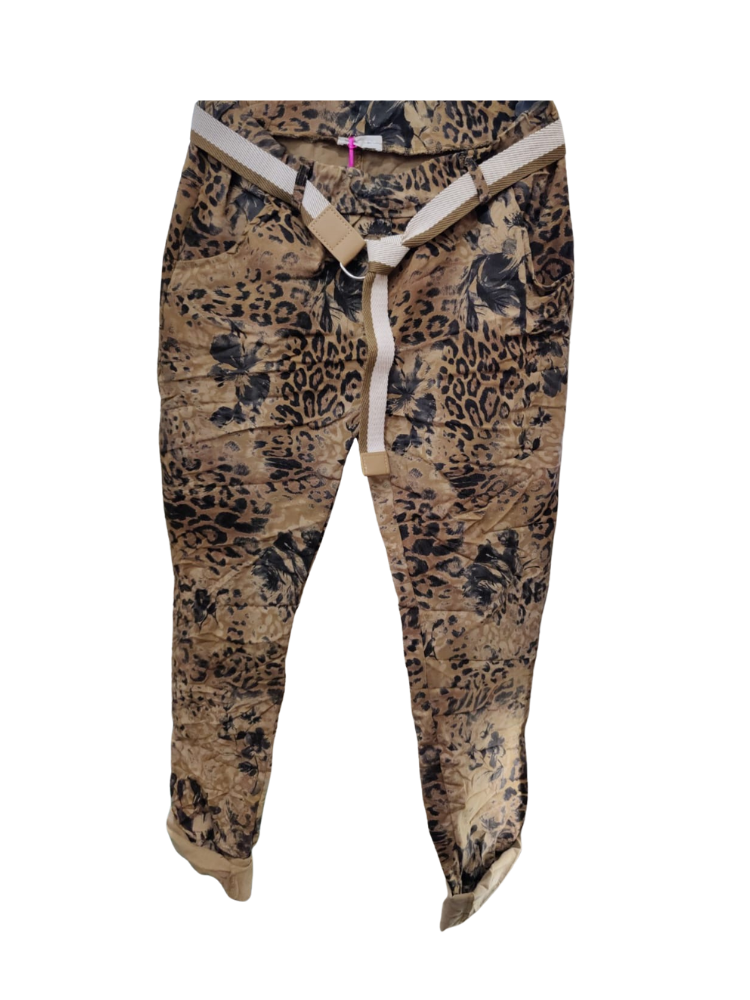 Trousers: Animal Print Magic Elasticated Waste w Belt - Camel - One Size