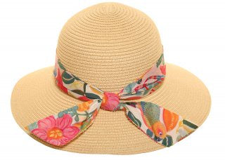 Sun Hat: Short Brim Straw Hat With Print Scarf Band- Natural - Antique Rose