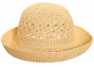 Sun Hat: Straw Crushable With Turned Up Brim  - Natural - Antique Rose