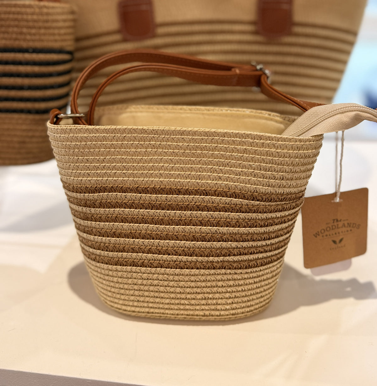 Mini Bucket Bag: Straw Striped ROBIN Cross Body - Beige Natural - ENVY