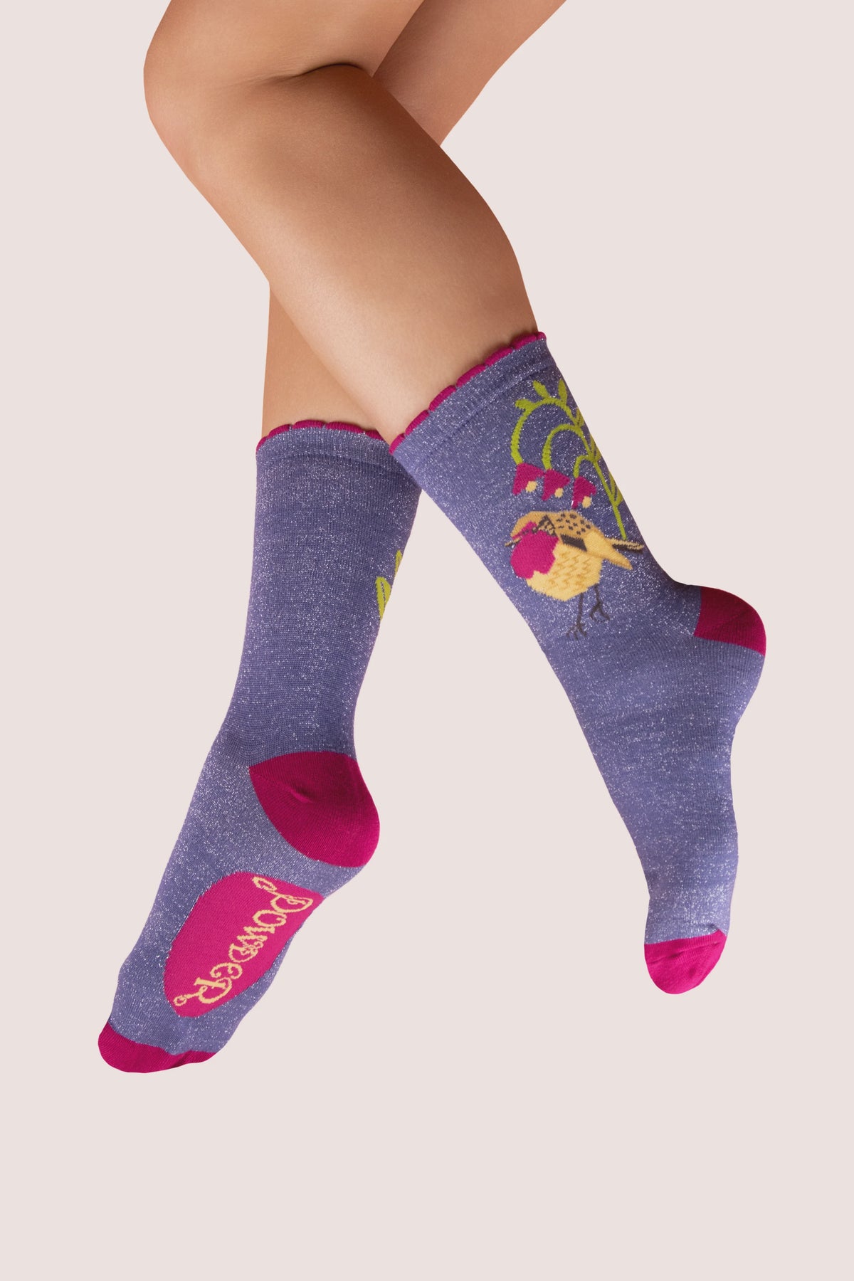 Socks: Ankle Bamboo Glitter Robin Red Breast - Purple - FASHION - Powder Designs Ltd