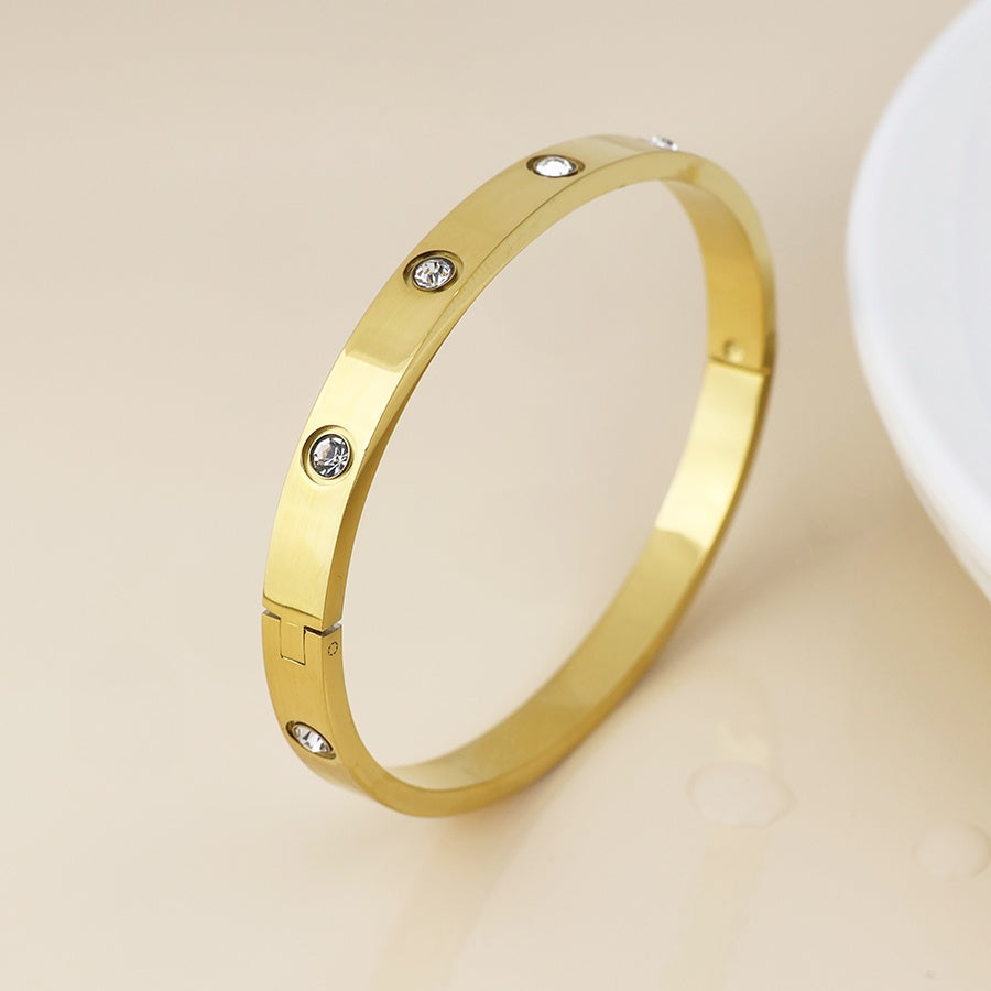 Bangle: Waterproof Stainless Steel Crystal Studded - Gold Plated - POM