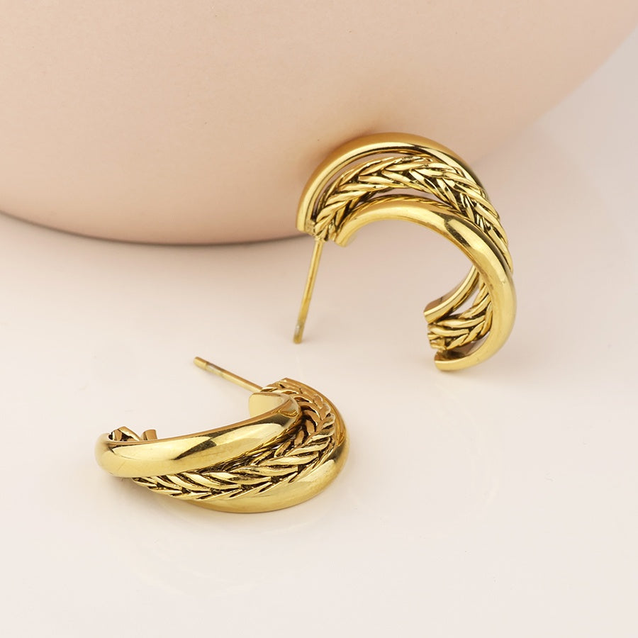Earrings: Hoops Stud Layered Braided Cable  -  Gold Plated - POM