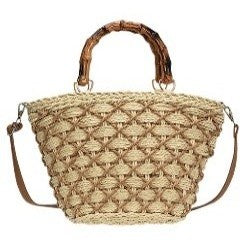 Bucket Bag: Straw CUCKOO Bamboo Handle Zip Strap - Natural