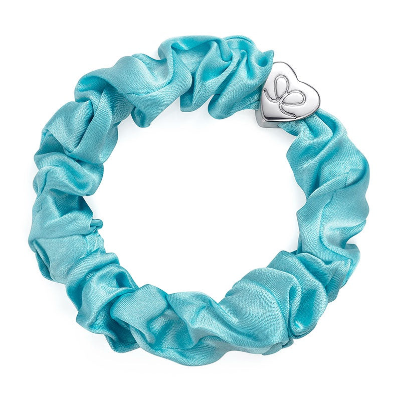 Hairband Bracelet: Silk Scrunchie Silver Heart - Turquoise  - By Eloise