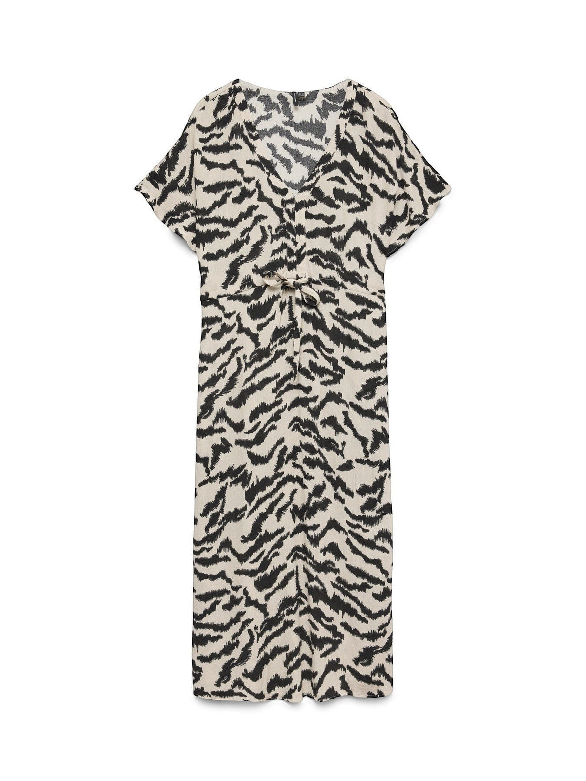 Antique Rose Boutique VERO MODA midi kaftan dress in cream and black abstract animal print with V-neck and front knot.