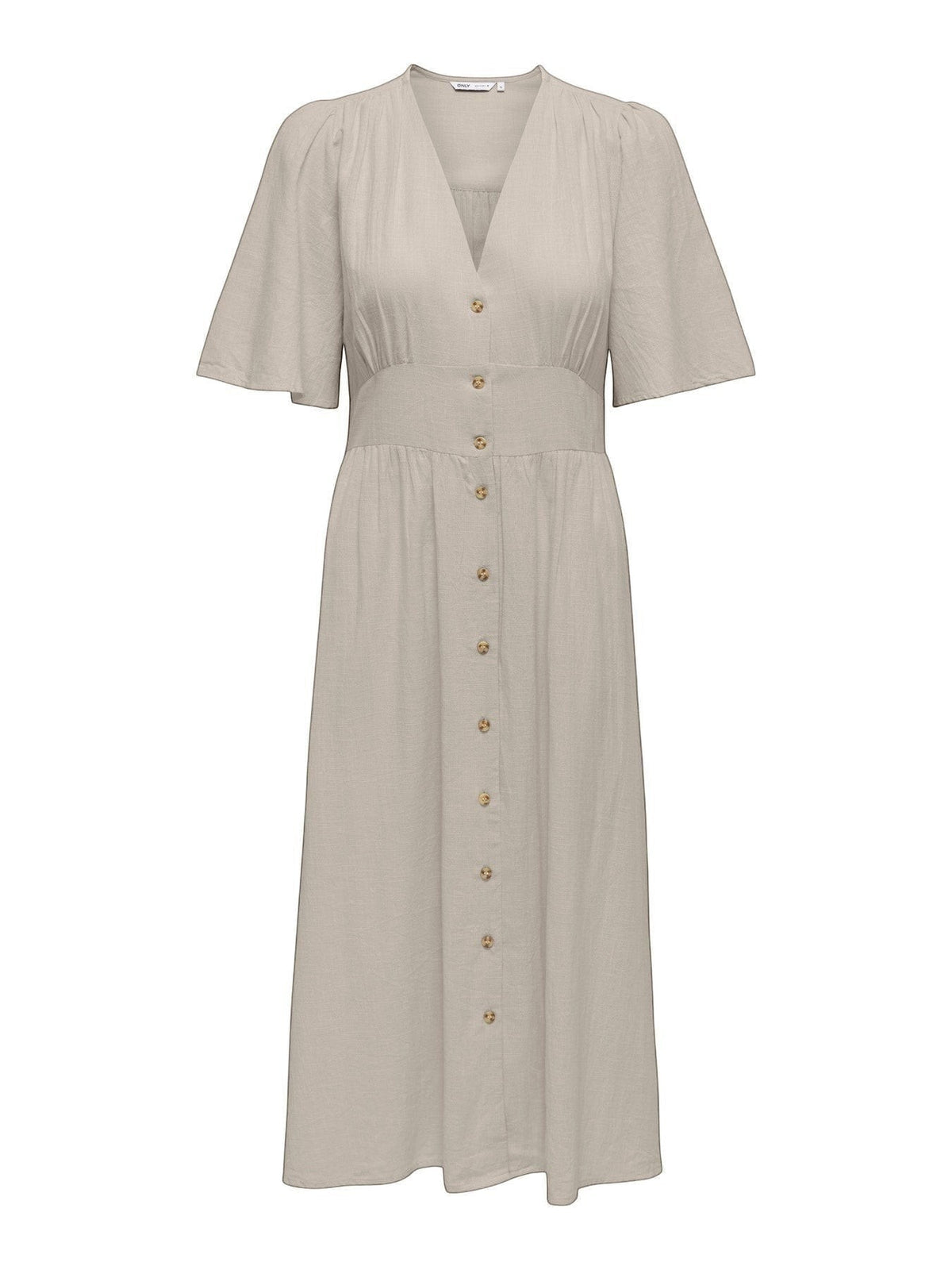 Antique Rose Boutique beige midi dress with V-neckline, flutter sleeves, and a button-down front in soft fabric.