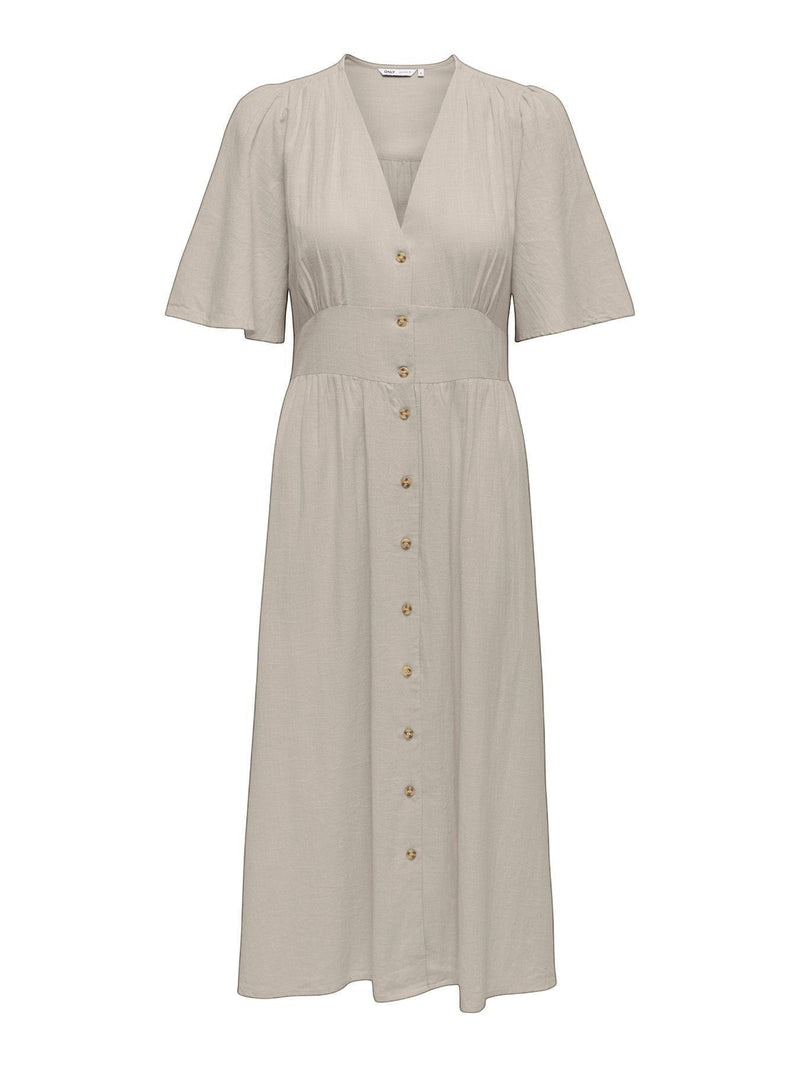 Antique Rose Boutique beige midi dress with V-neckline, flutter sleeves, and a button-down front in soft fabric.