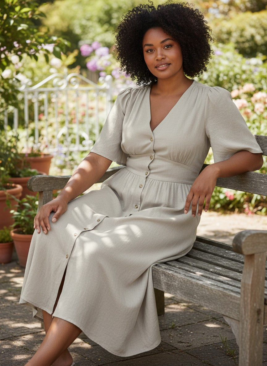 Antique Rose Boutique beige midi dress with V-neck, flutter sleeves, and button-down front worn by a woman on a bench.