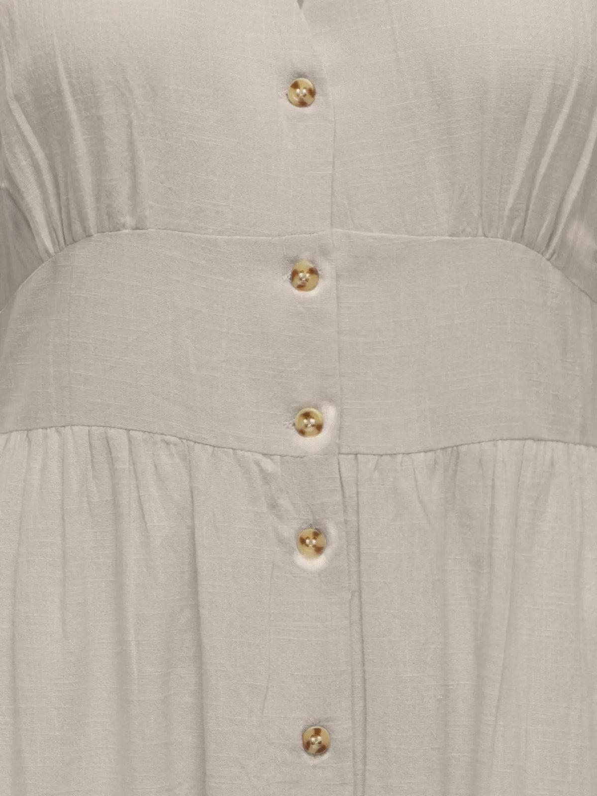 Antique Rose Boutique beige midi dress featuring a button-down front, V-neckline, and a fitted shirred waist.