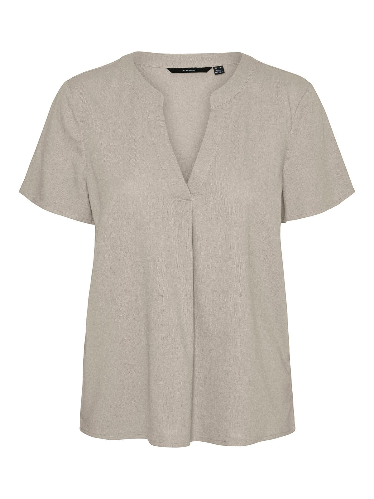 Antique Rose Boutique beige linen mix short sleeve V-neck blouse with a regular fit and textured fabric