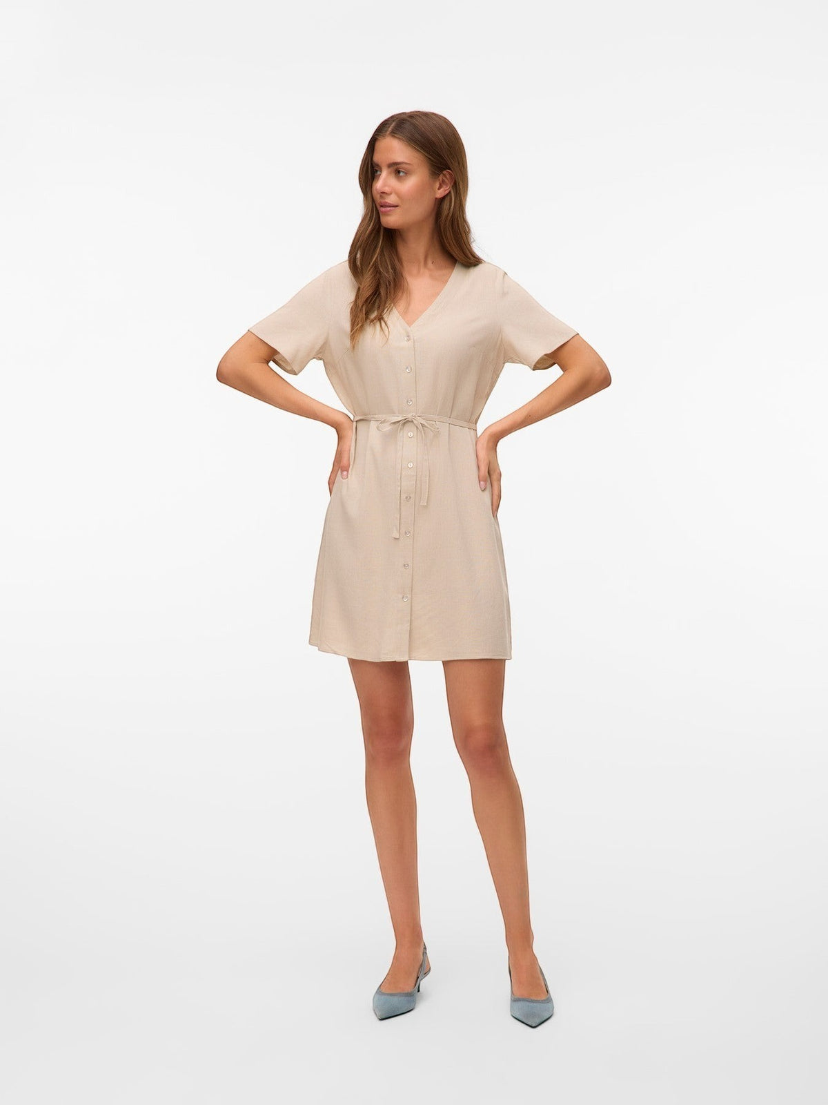 Antique Rose Boutique beige linen-mix short dress with V-neck, short sleeves, button front, and tie-waist belt.