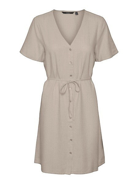 Antique Rose Boutique beige linen-mix short dress with V-neck, short sleeves, button-down front, and tie-waist belt.