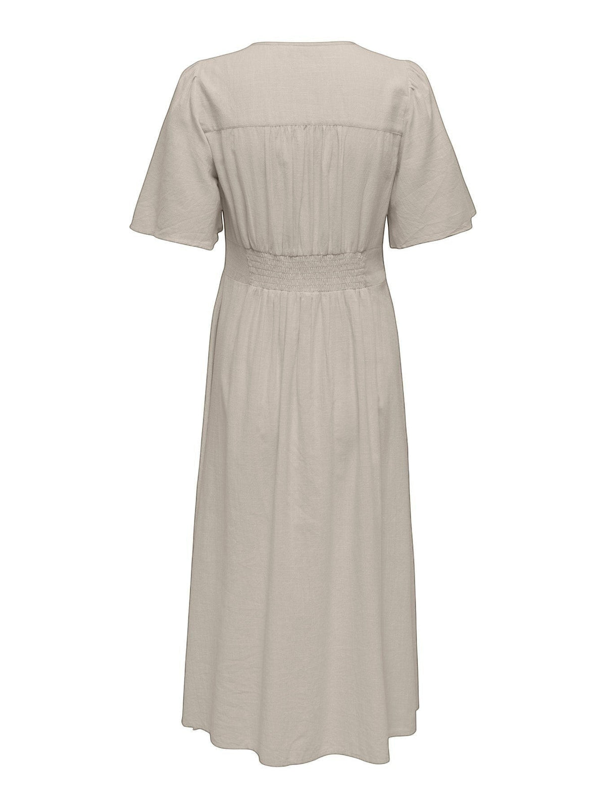 Antique Rose Boutique beige midi dress featuring flutter sleeves and a shirred back waist, back view.