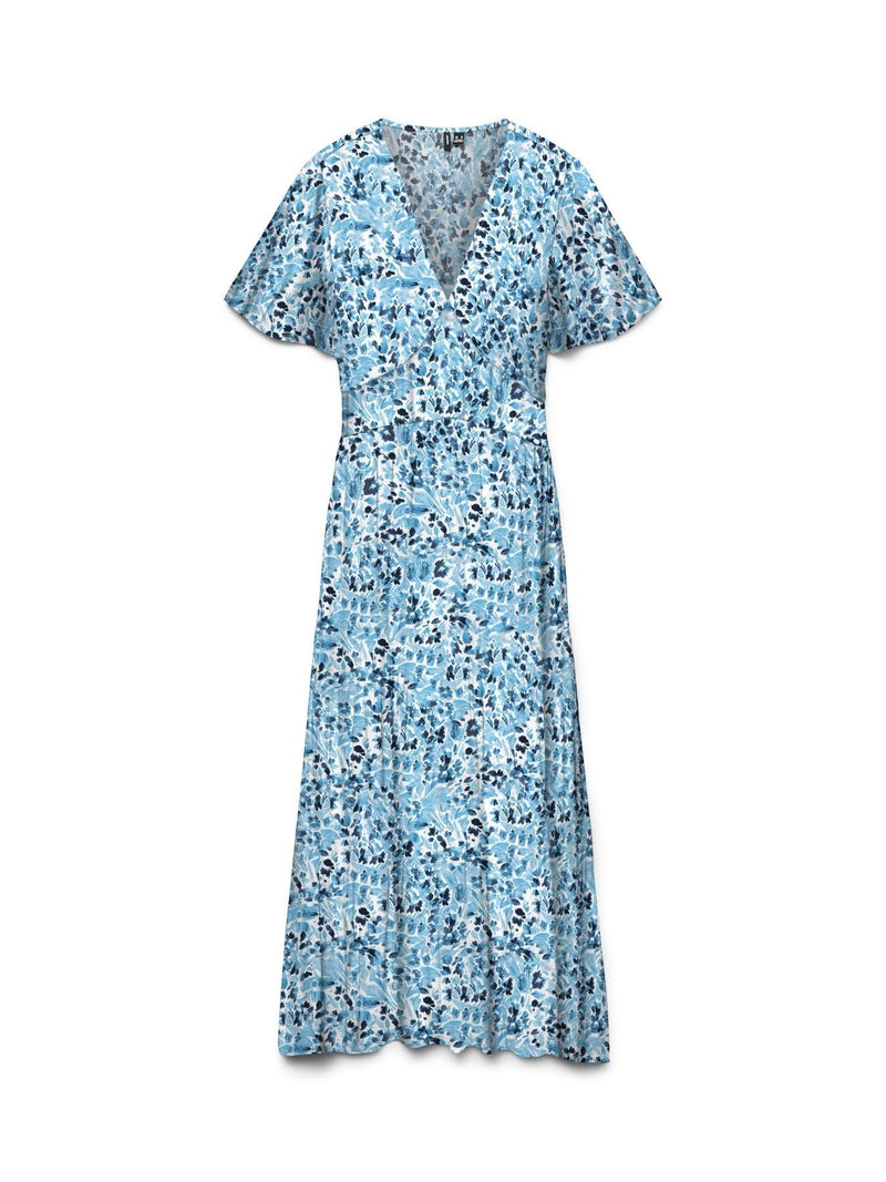 Antique Rose Boutique blue floral print maxi dress with V-neckline and flutter sleeves in lightweight fabric
