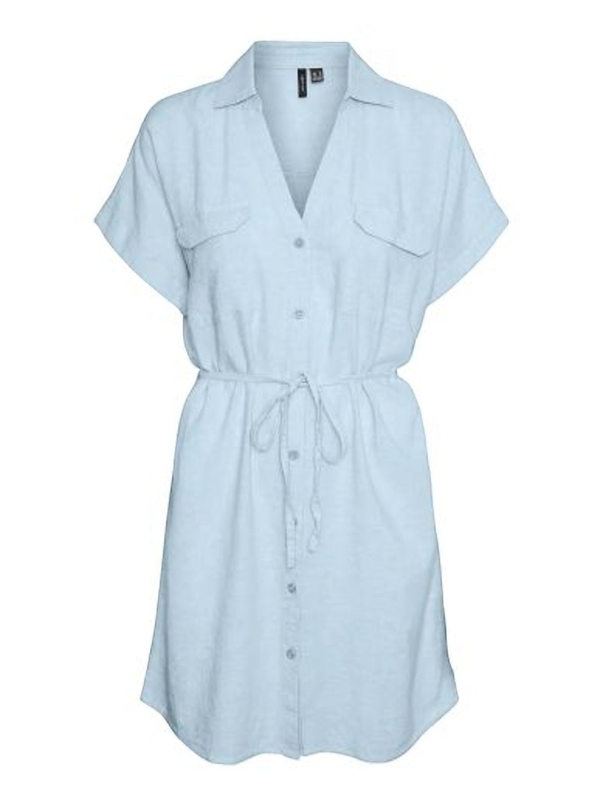 Antique Rose Boutique airy blue linen mix shirt dress with V-neck, button closure, chest pockets, and waist tie belt.
