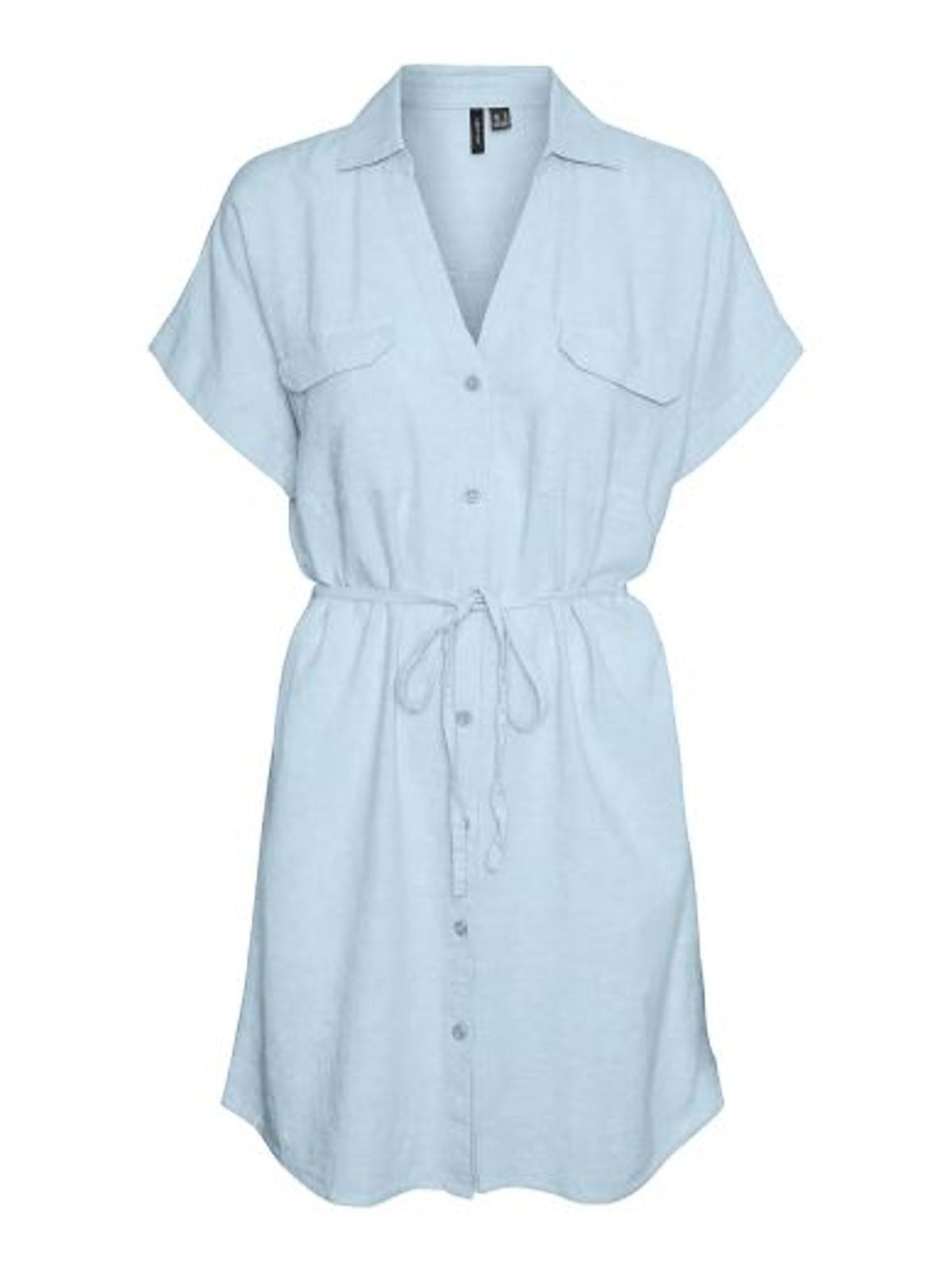 Antique Rose Boutique sky blue short sleeve button down shirt dress with chest pockets and adjustable tie waist.