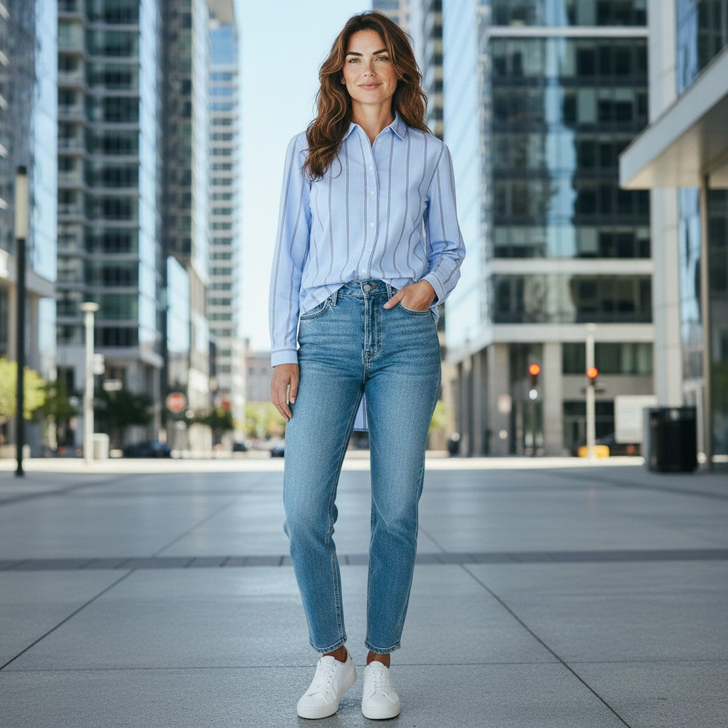 Antique Rose Boutique blue striped long sleeve cotton shirt worn by a woman with blue jeans in a city setting.