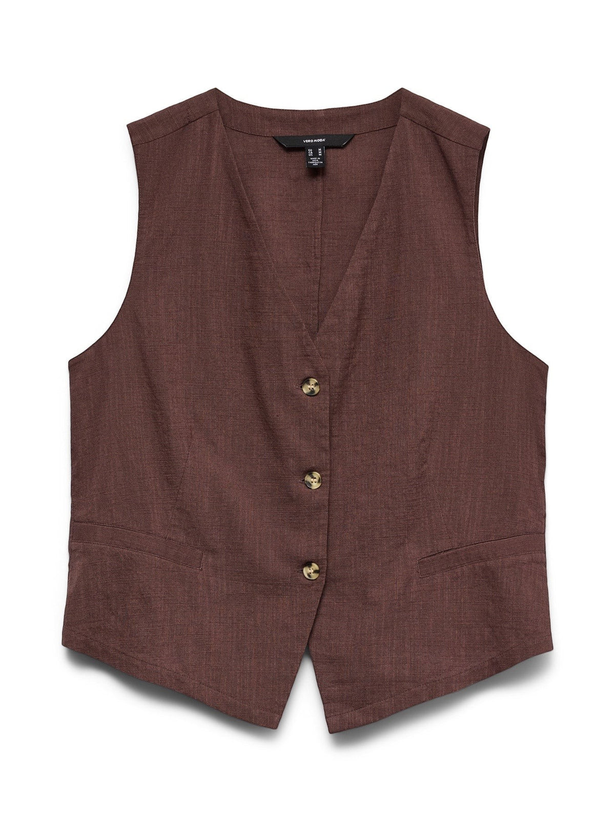 Antique Rose Boutique chocolate brown sleeveless waistcoat in a cotton and linen blend with a V-neck and button front.