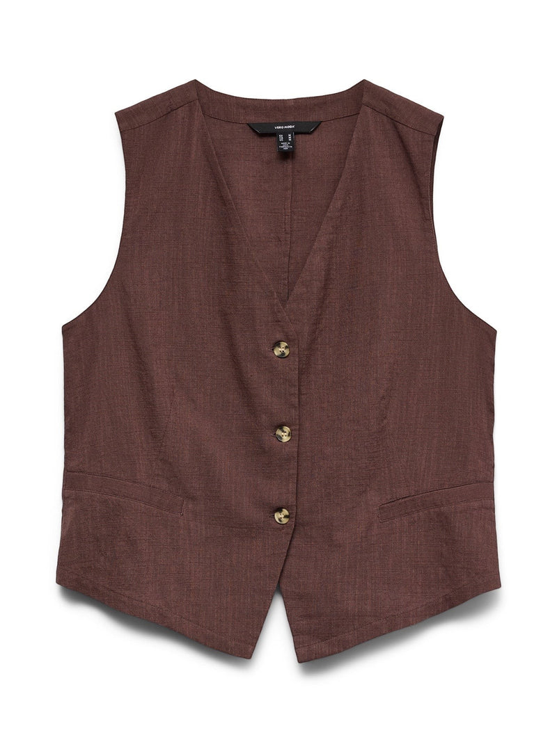 Antique Rose Boutique chocolate brown sleeveless waistcoat in a cotton and linen blend with a V-neck and button front.