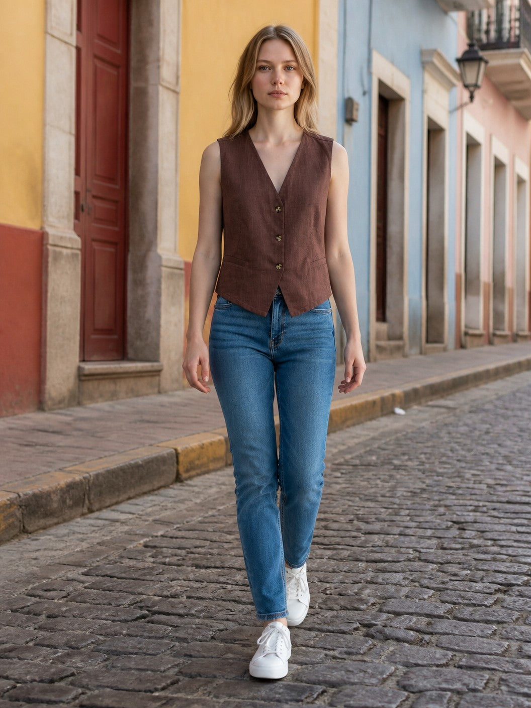 Antique Rose Boutique chocolate brown cotton and linen waistcoat with a V-neck and button front worn with blue jeans