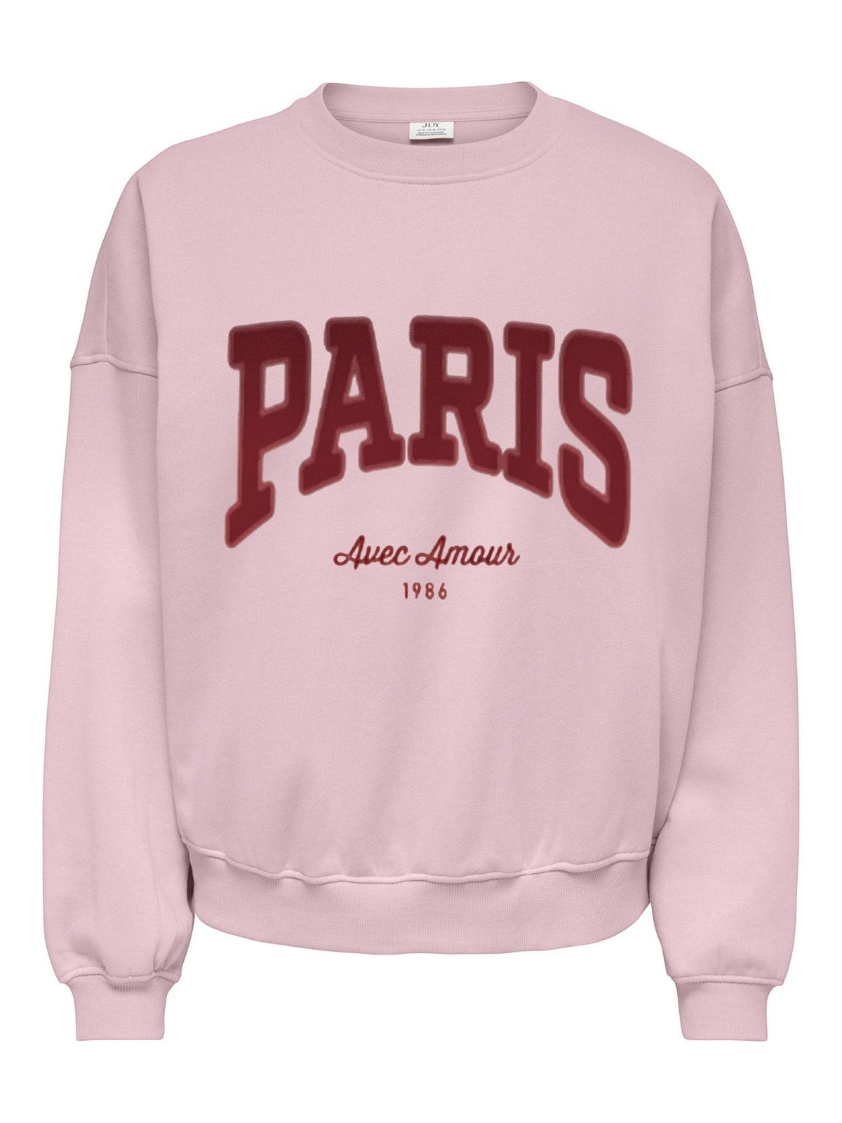 Antique Rose Boutique chalk pink long sleeve sweatshirt with a round neck and dark red Paris embroidery detail
