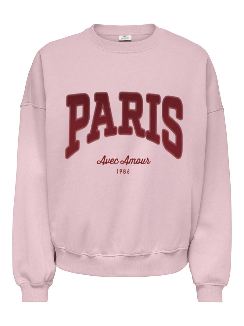 Antique Rose Boutique chalk pink long sleeve sweatshirt with a round neck and dark red Paris embroidery detail