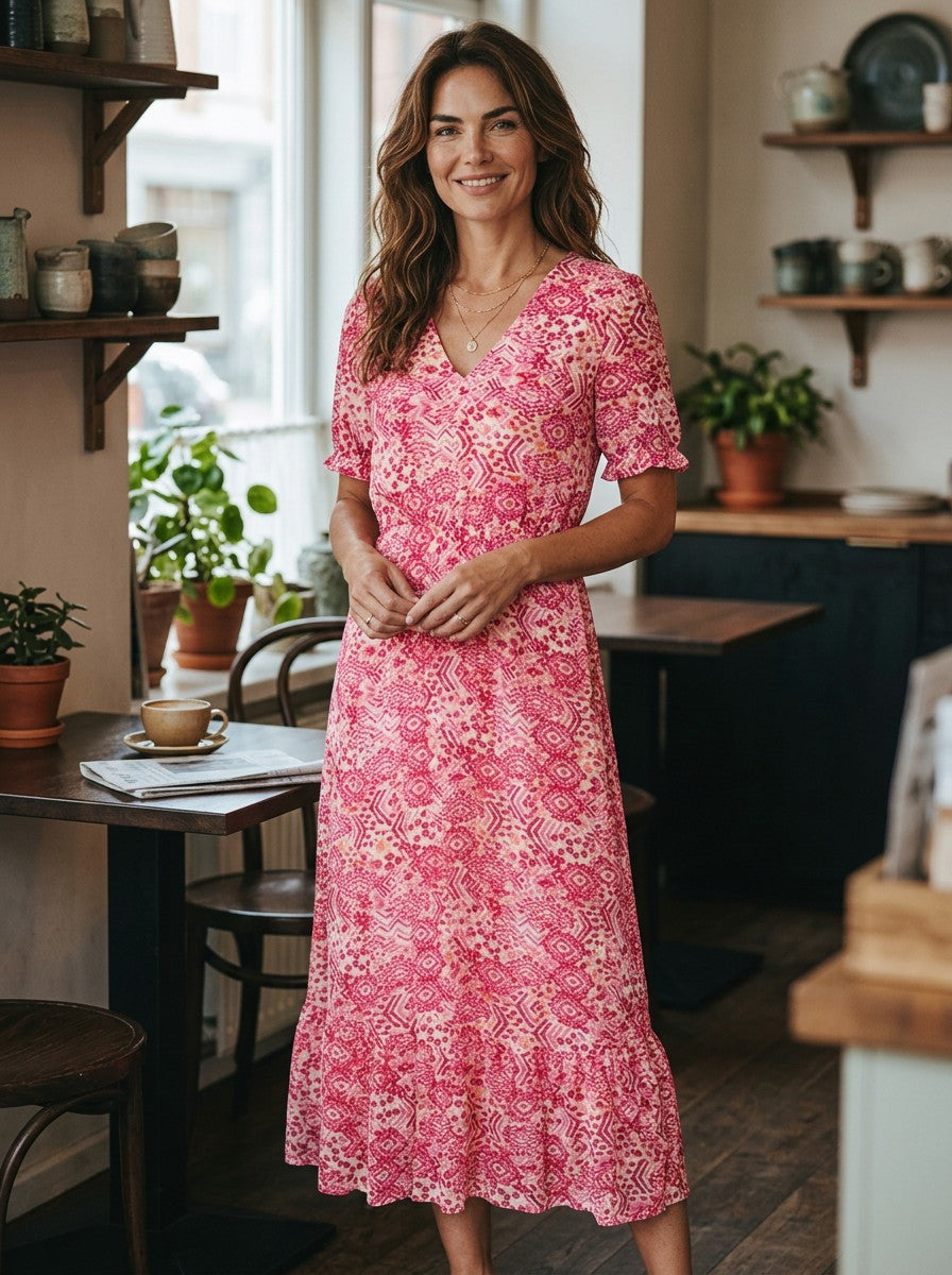 Antique Rose Boutique coral pink long V-neck dress with Aztec print, short sleeves, and elasticated waist in a cafe