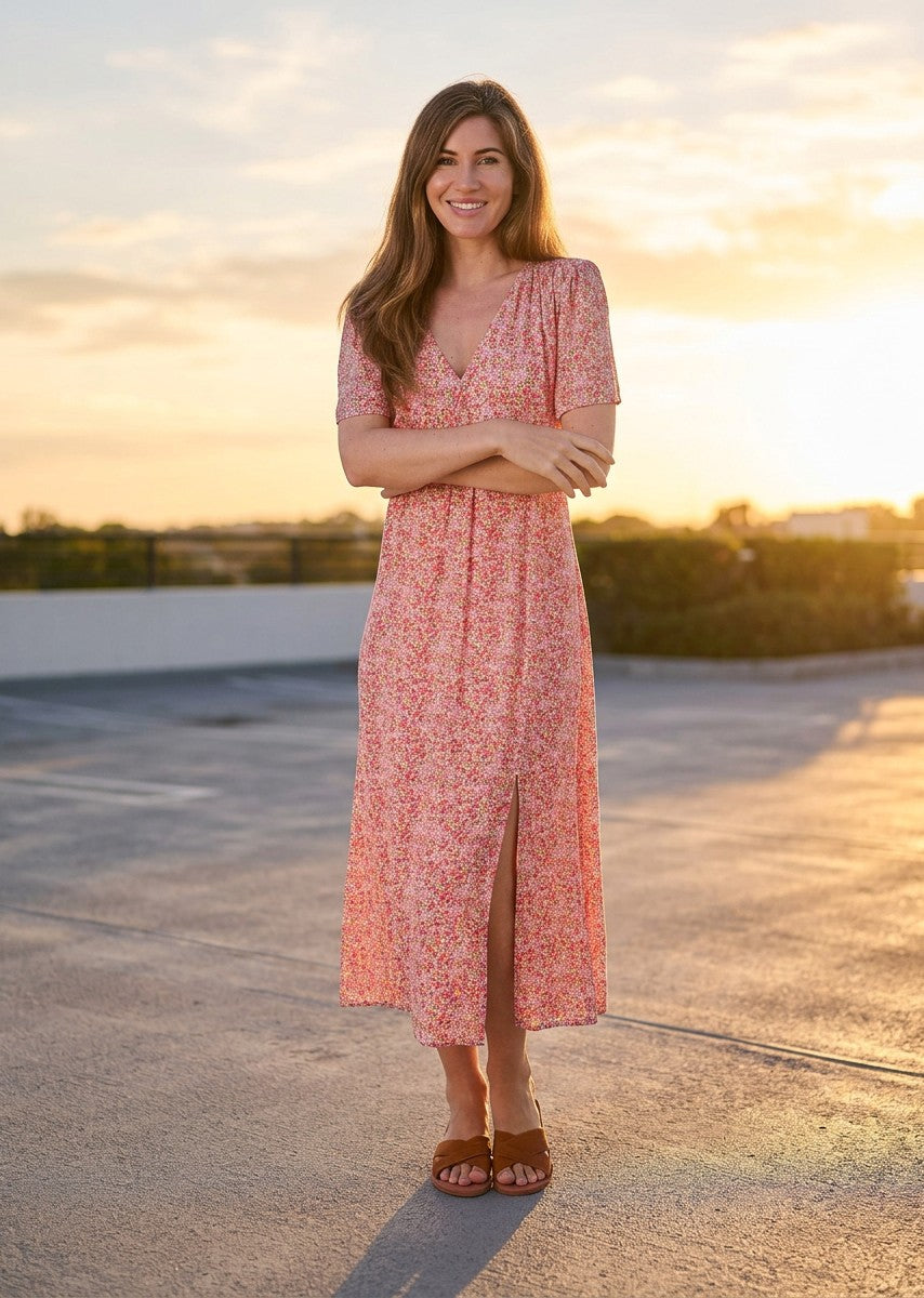 Antique Rose Boutique coral ditsy floral midi dress with V-neck and side split worn by a woman at sunset