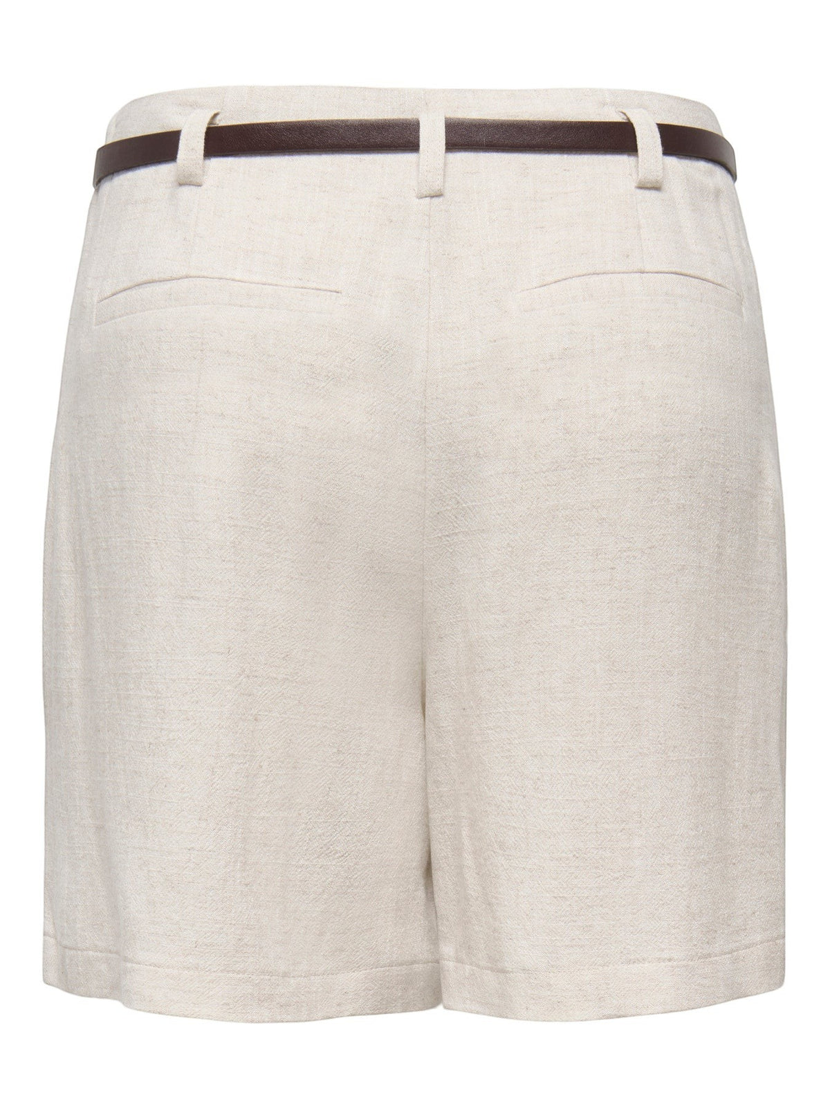 Antique Rose Boutique moonbeam cream linen-mix Bermuda shorts with a dark brown belt, back view showing welt pockets.