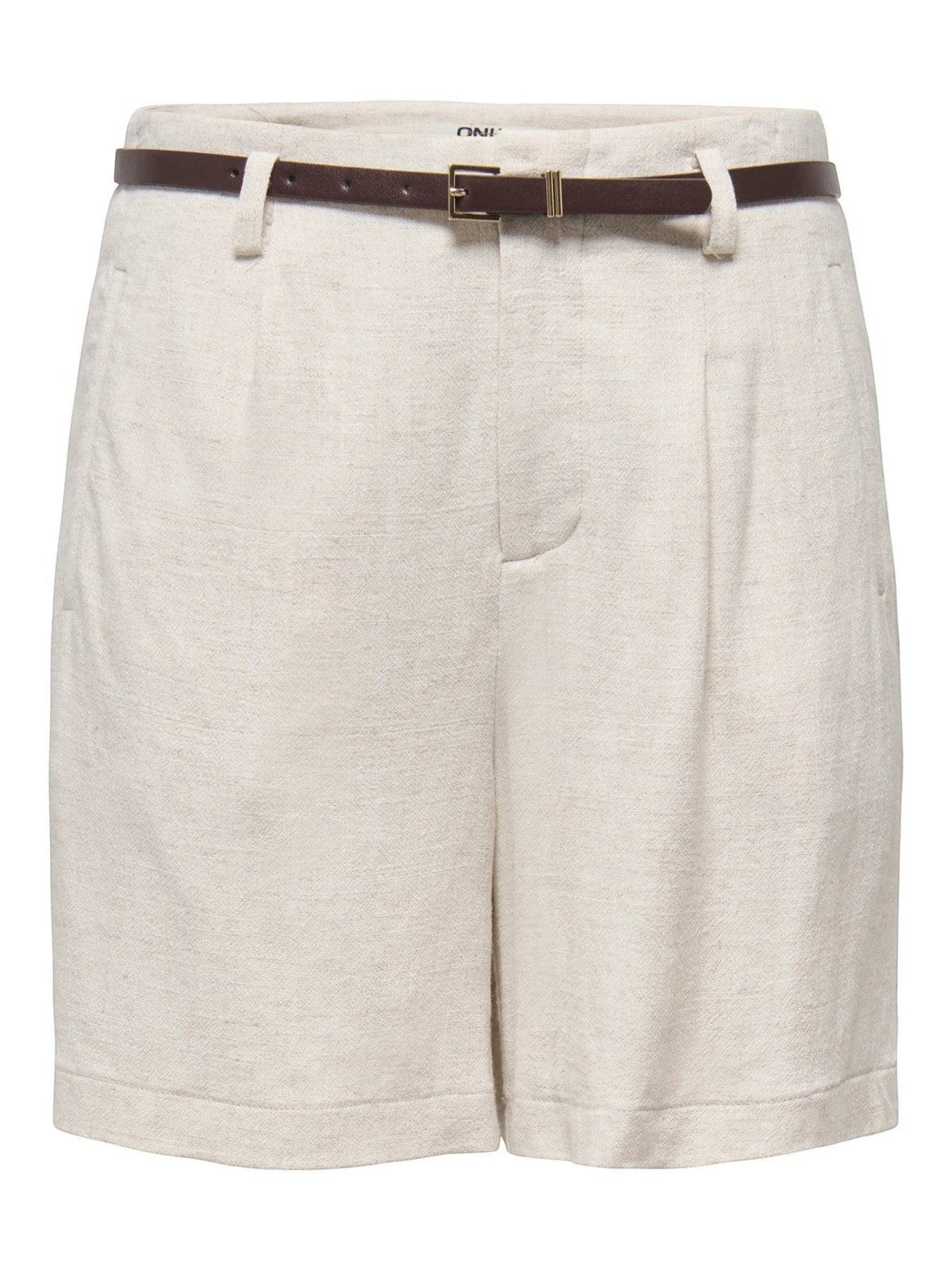 Antique Rose Boutique moonbeam cream linen-mix Bermuda shorts with a dark brown belt and pleated high-waisted fit.