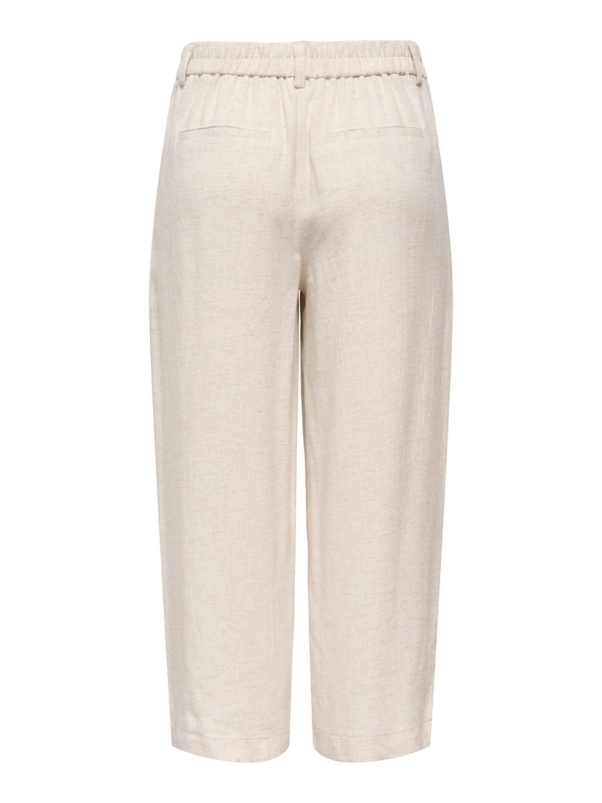 Antique Rose Boutique cream linen mix culotte trousers with belt loops and cropped wide leg fit, back view.