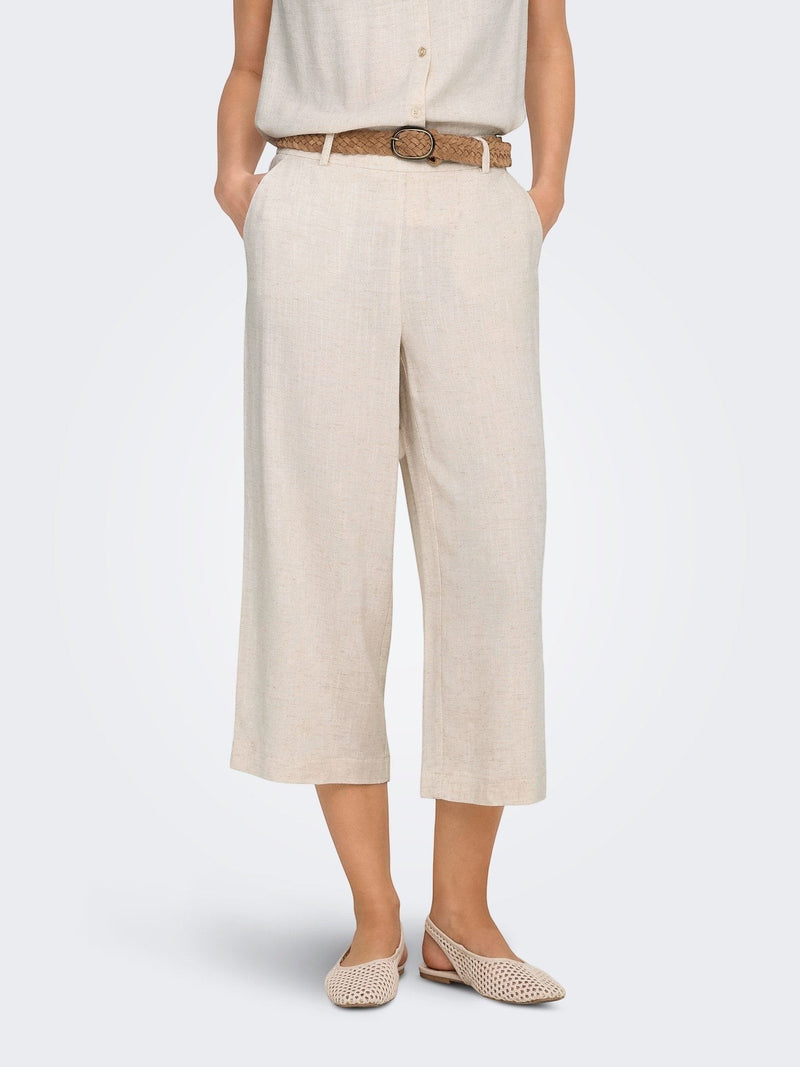 Antique Rose Boutique cream linen mix culotte trousers with a woven belt and cropped wide leg fit.