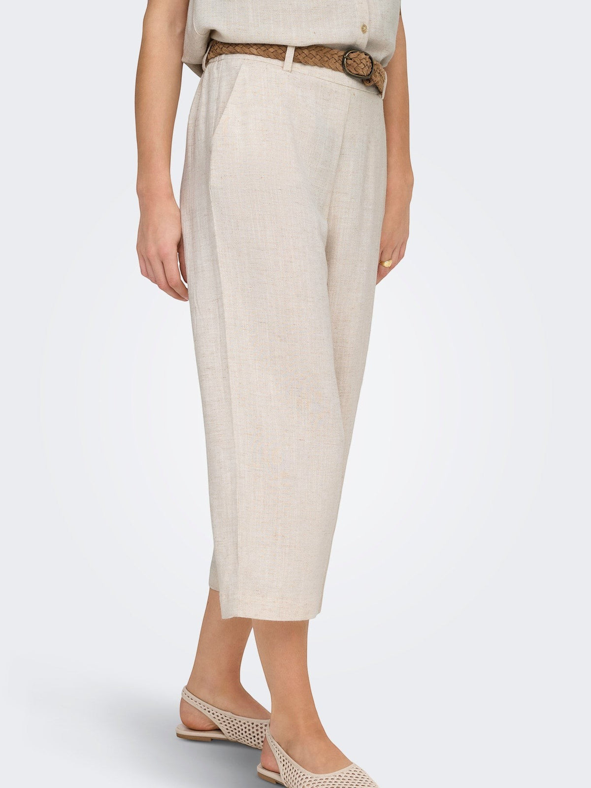 Antique Rose Boutique cream linen mix culotte trousers with a woven belt and cropped wide leg fit