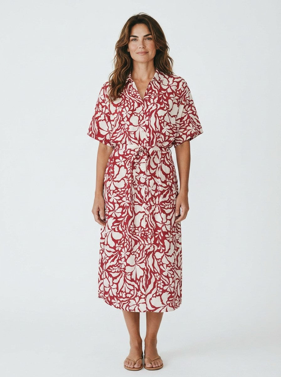Antique Rose Boutique Yasmin midi dress in dark red with white floral print, V-neck, short sleeves, and waist belt.