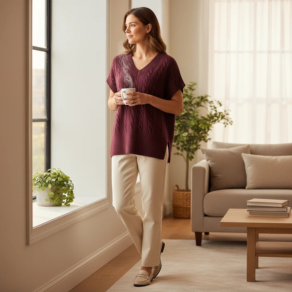 Antique Rose Boutique fig wine red cable knit V-neck vest worn by a woman holding a steaming mug by a window