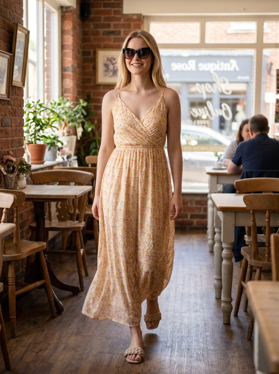 Antique Rose Boutique model wearing a white and orange floral print V-neck maxi dress in a cafe setting.