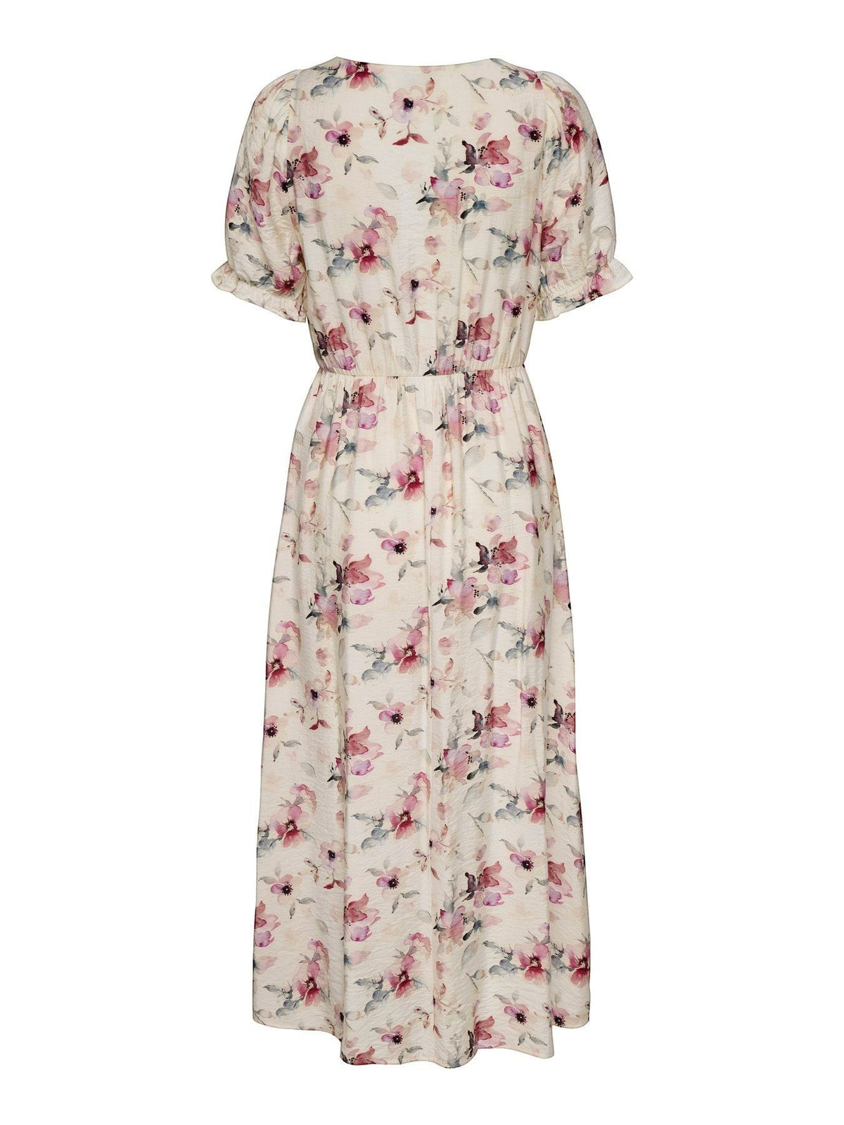 Antique Rose Boutique floral midi dress with V-neck, puff sleeves, and elastic waist, back view.