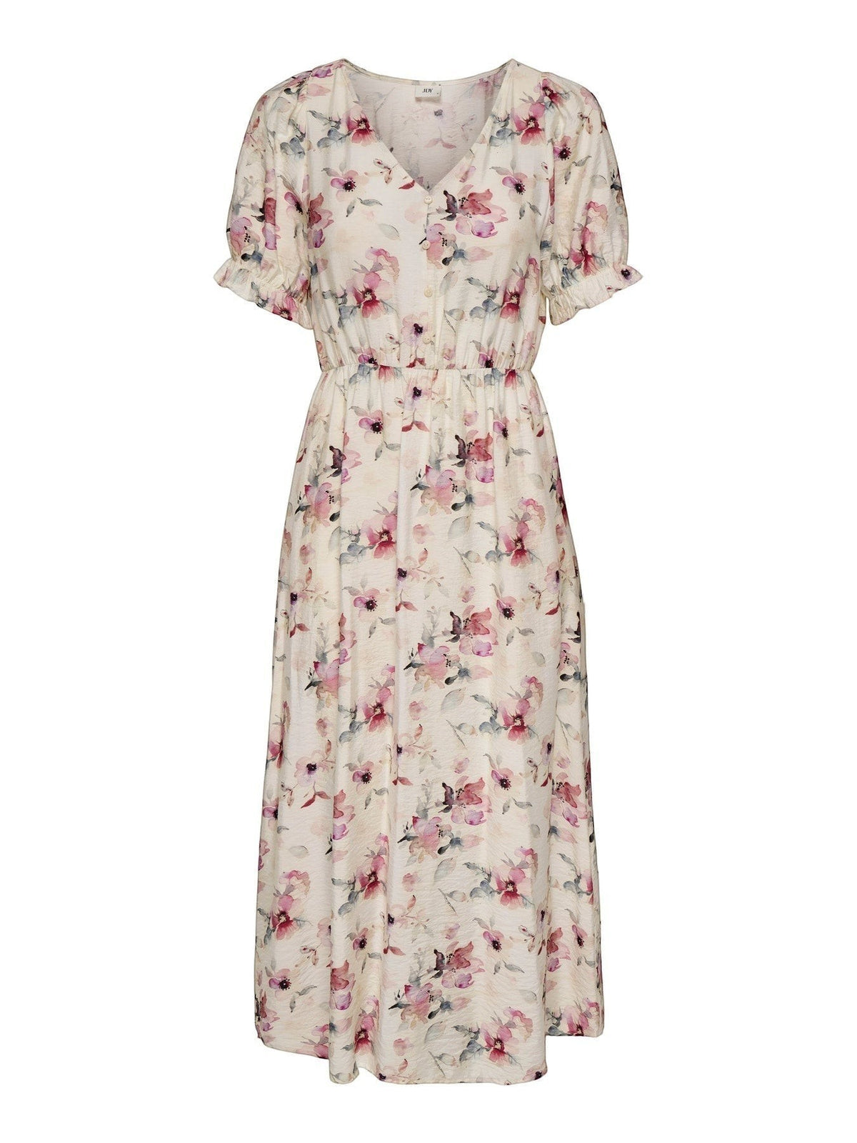 Antique Rose Boutique floral midi dress with V-neck, puff sleeves, and elasticated waist in cream and pink tones.