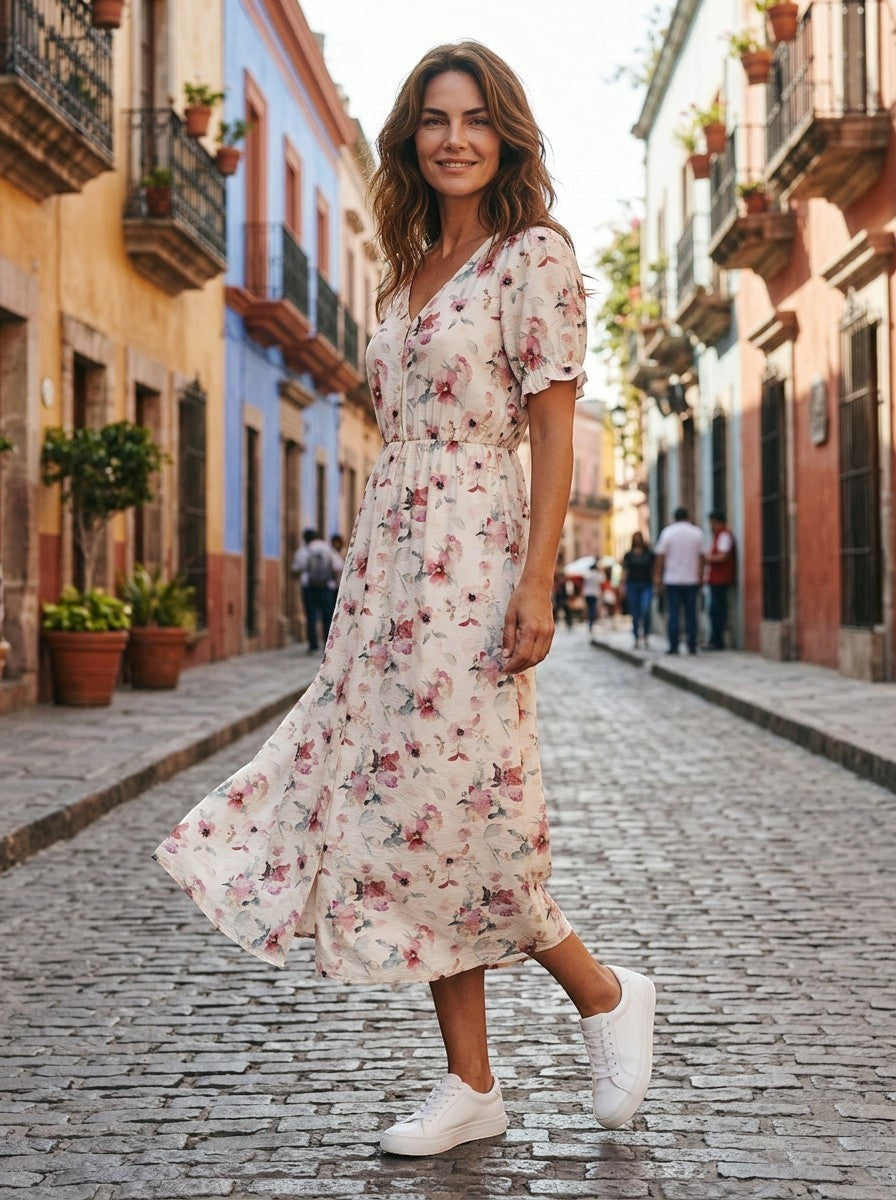 Antique Rose Boutique floral midi dress with V-neck and puff sleeves, worn by a woman with white sneakers on a street.