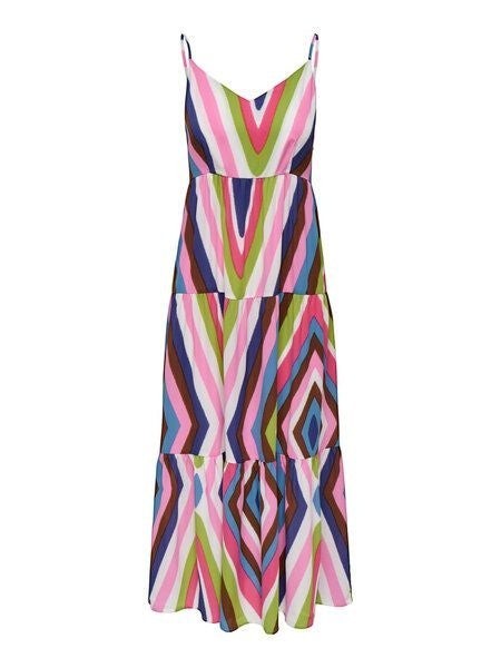 Antique Rose Boutique geometric print tiered maxi dress with V-neck and spaghetti straps in pink, green, and blue.