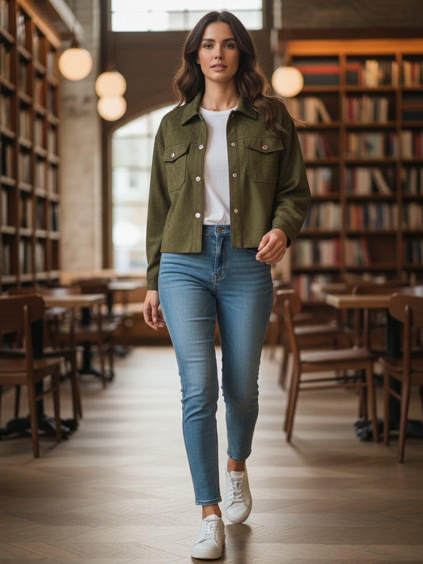 Antique Rose Boutique model wearing a green faux suede shirt jacket, white t-shirt, and blue jeans in a library.