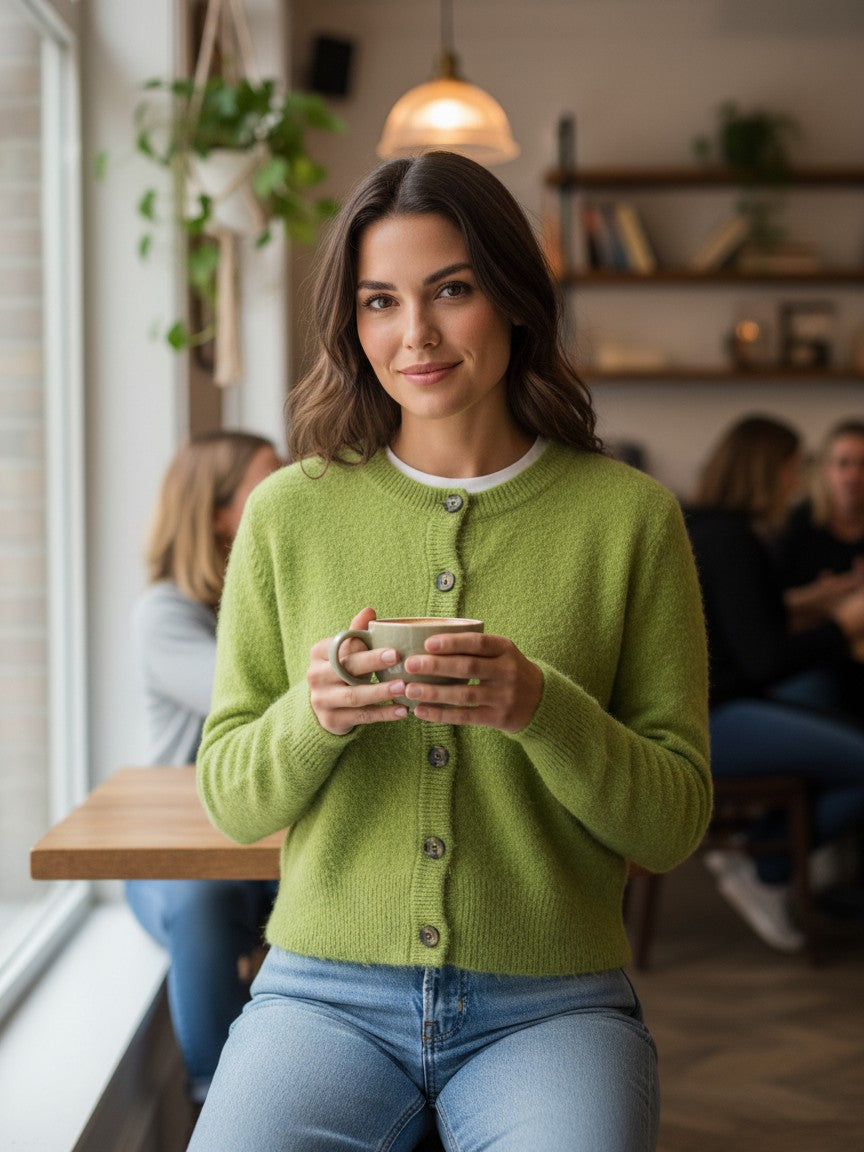 Antique Rose Boutique woman wearing a peat moss green knit button-up cardigan with long sleeves in a cozy cafe