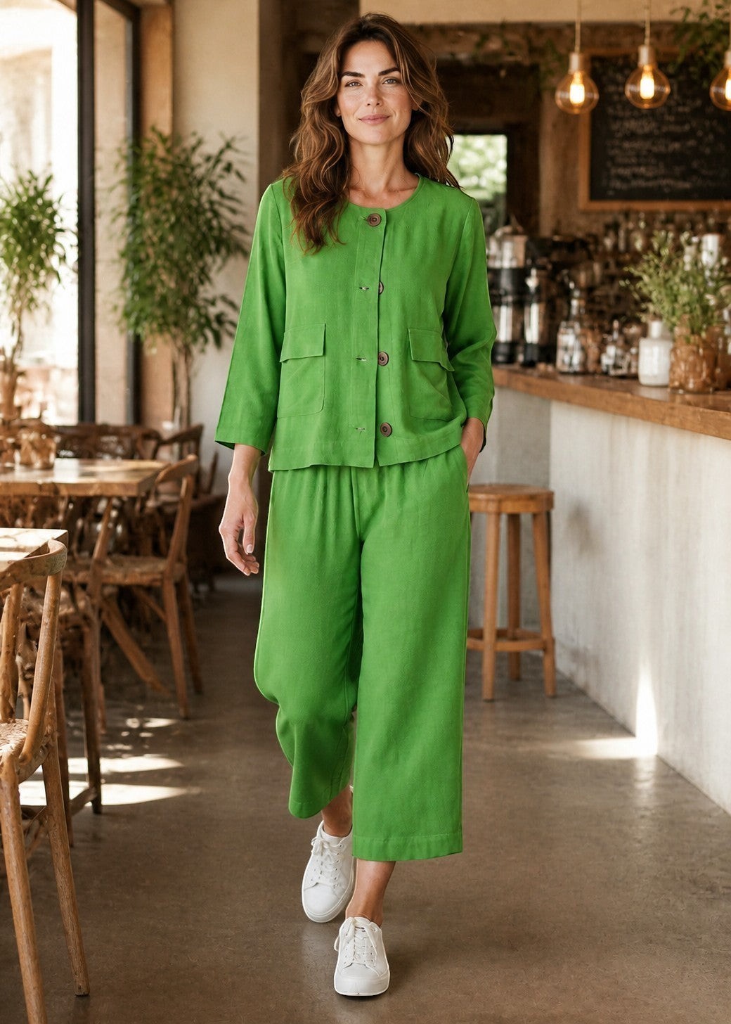Antique Rose Boutique green linen viscose wide-leg culottes and matching button-up jacket worn by a woman in a cafe